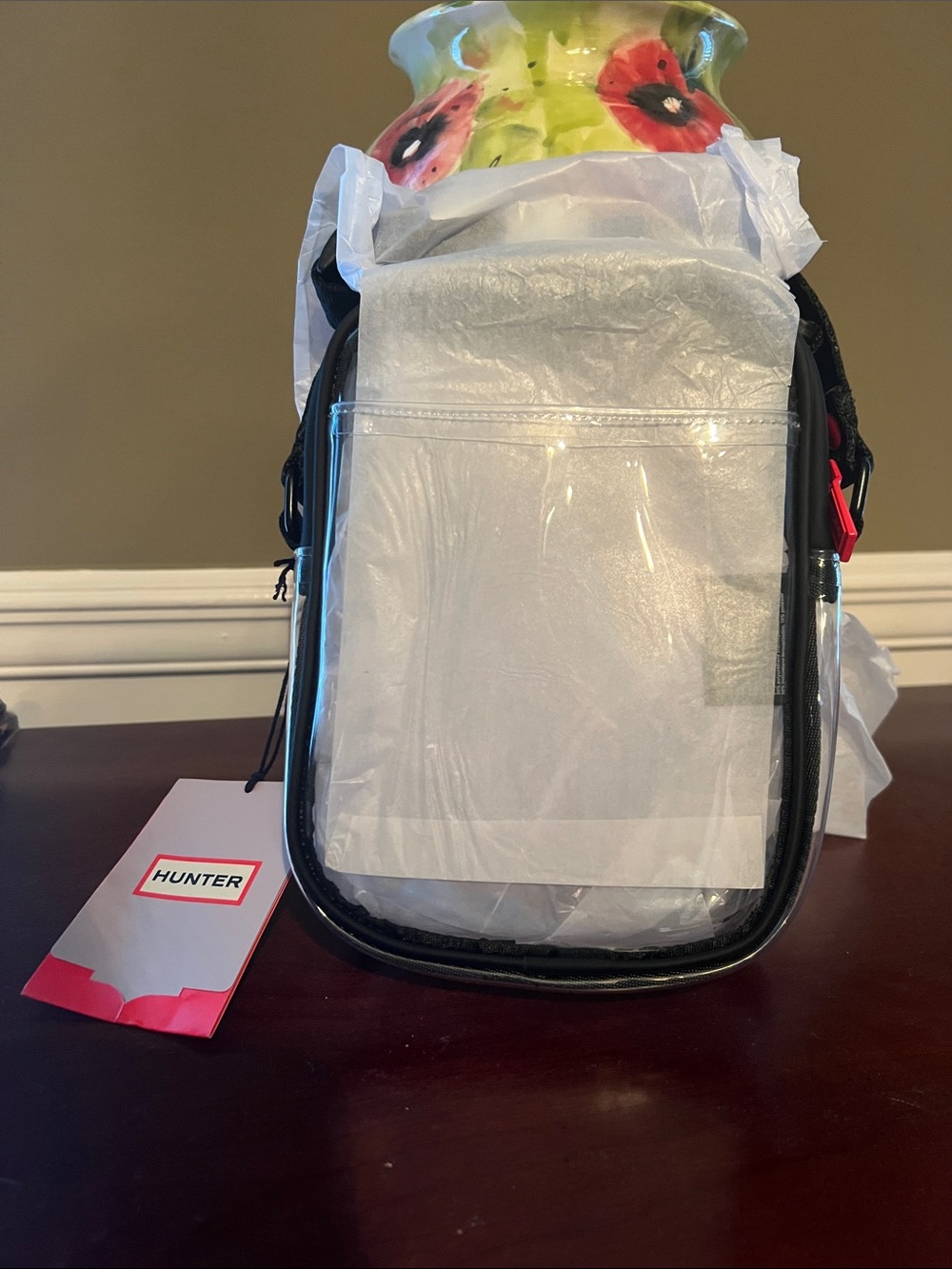 Hunter Clear Crossbody Transfer Bag with Black Trim and Red Logo Accent - Picture 6 of 7